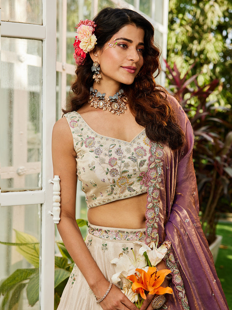 Cream Luxurious Viscose Semi-Stitched Lehenga Set with Purple-Gold Embroidered Dupatta ClothsVilla