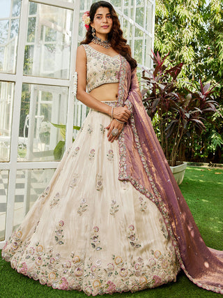 Cream Luxurious Viscose Semi-Stitched Lehenga Set with Purple-Gold Embroidered Dupatta ClothsVilla