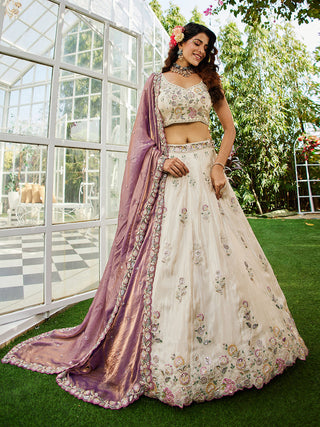 Cream Luxurious Viscose Semi-Stitched Lehenga Set with Purple-Gold Embroidered Dupatta ClothsVilla