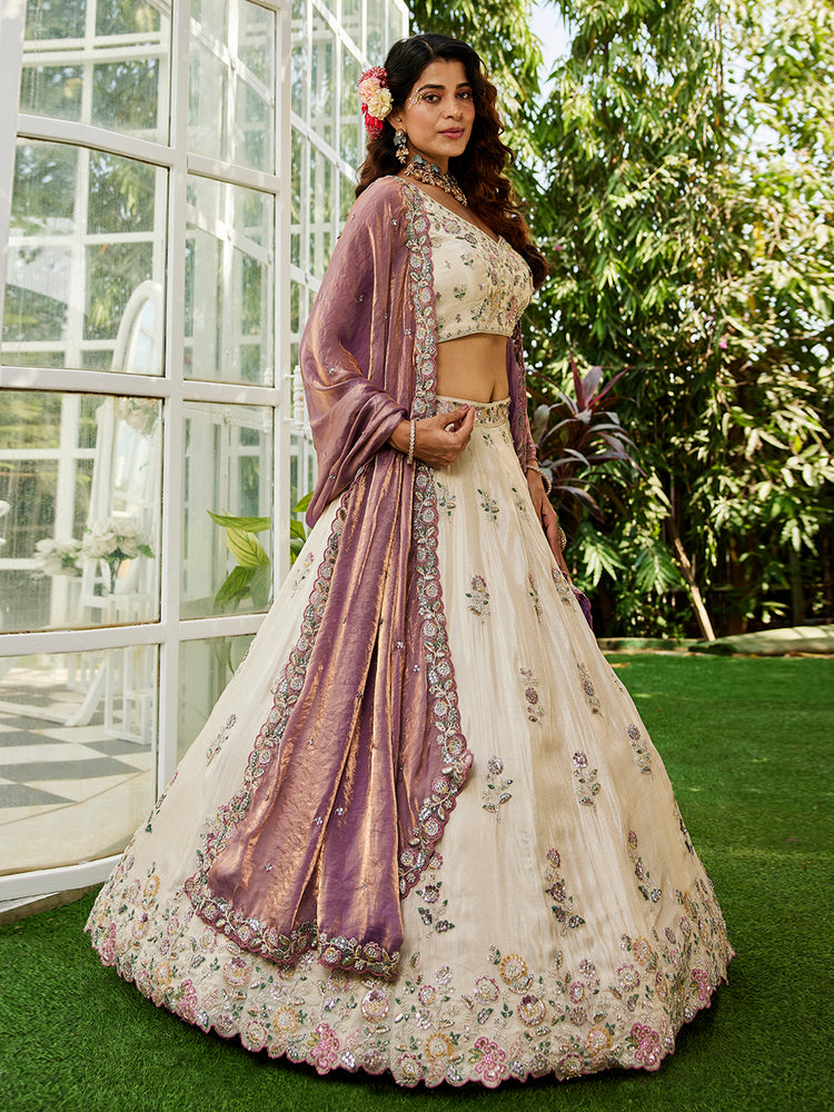 Cream Luxurious Viscose Semi-Stitched Lehenga Set with Purple-Gold Embroidered Dupatta ClothsVilla