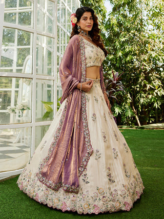 Cream Luxurious Viscose Semi-Stitched Lehenga Set with Purple-Gold Embroidered Dupatta ClothsVilla
