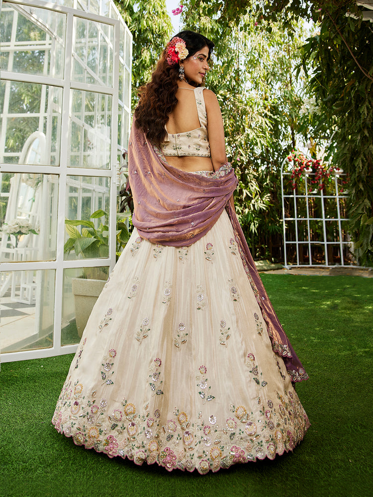 Cream Luxurious Viscose Semi-Stitched Lehenga Set with Purple-Gold Embroidered Dupatta ClothsVilla