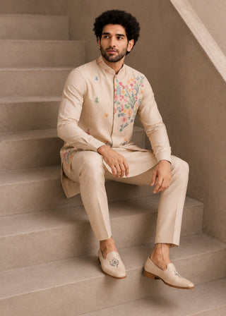 Cream Men's Roman Silk Kurta Pant Koti Set ClothsVilla