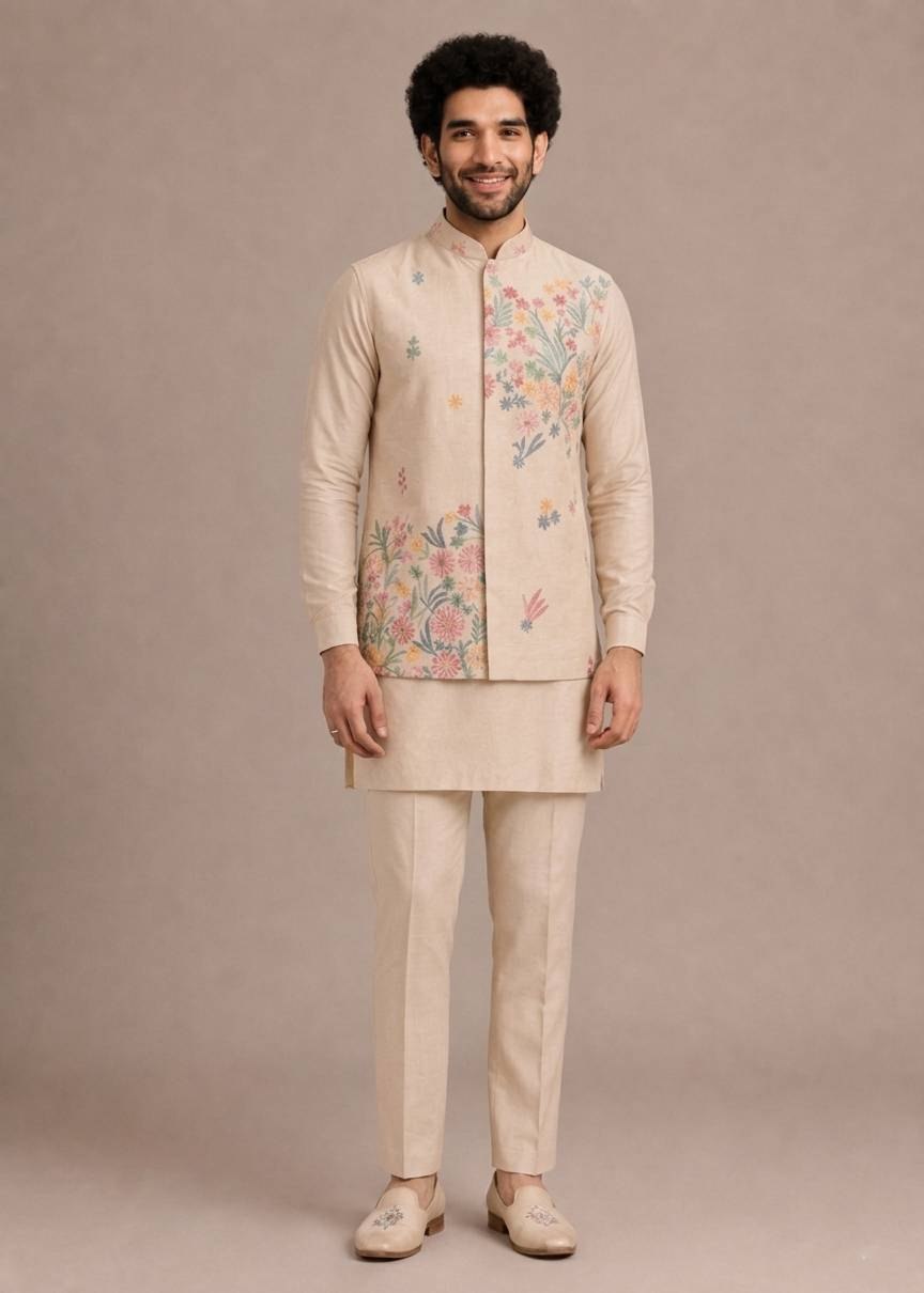 Cream Men's Roman Silk Kurta Pant Koti Set ClothsVilla