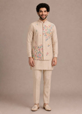 Cream Men's Roman Silk Kurta Pant Koti Set ClothsVilla