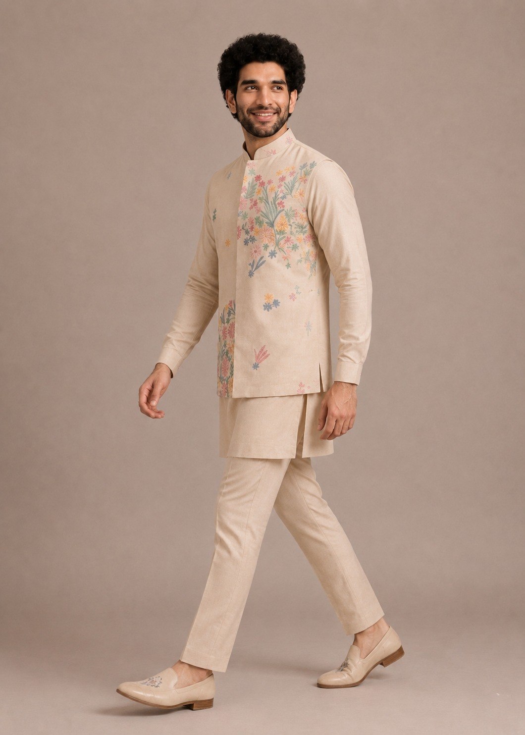 Cream Men's Roman Silk Kurta Pant Koti Set ClothsVilla