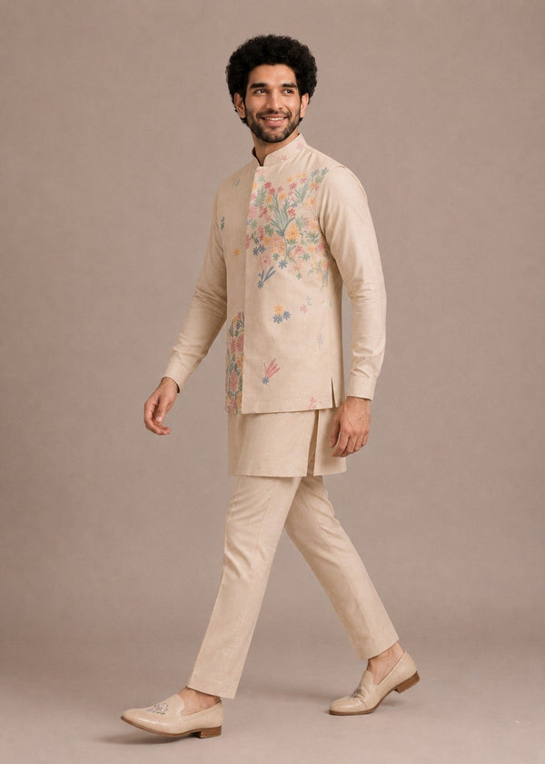Cream Men's Roman Silk Kurta Pant Koti Set ClothsVilla