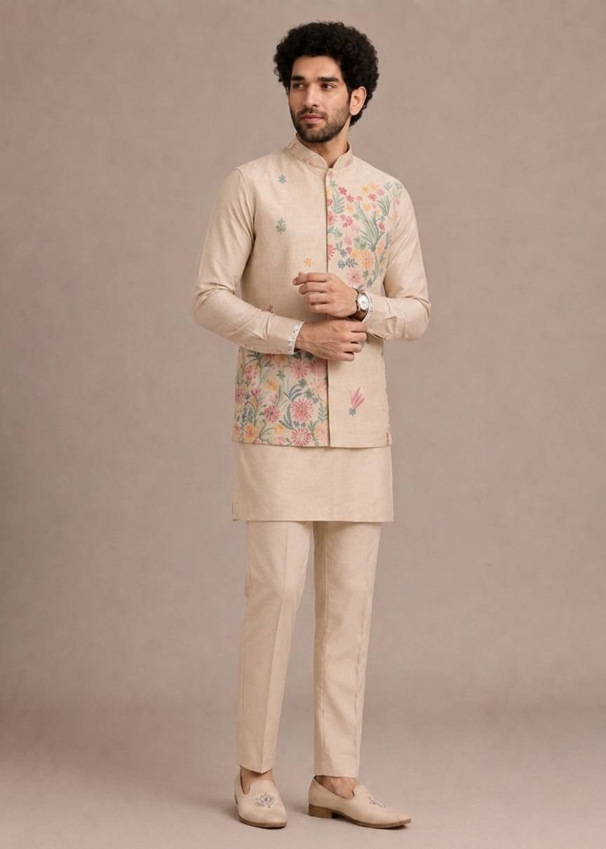 Cream Men's Roman Silk Kurta Pant Koti Set ClothsVilla