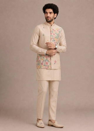 Cream Men's Roman Silk Kurta Pant Koti Set ClothsVilla