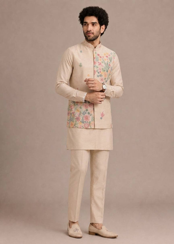 Cream Men's Roman Silk Kurta Pant Koti Set ClothsVilla