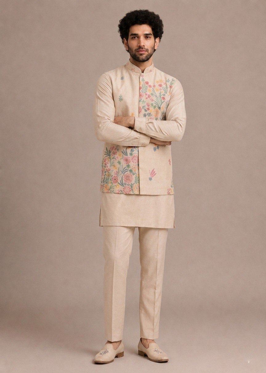 Cream Men's Roman Silk Kurta Pant Koti Set ClothsVilla