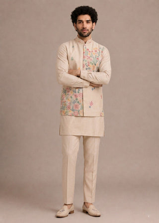 Cream Men's Roman Silk Kurta Pant Koti Set ClothsVilla