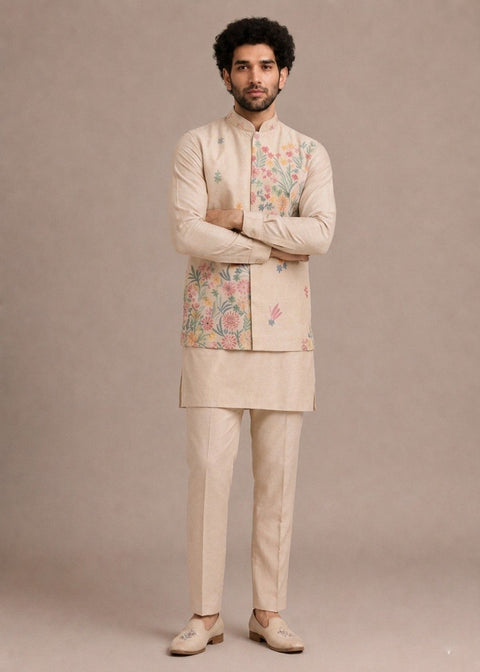Cream Men's Roman Silk Kurta Pant Koti Set ClothsVilla Main image