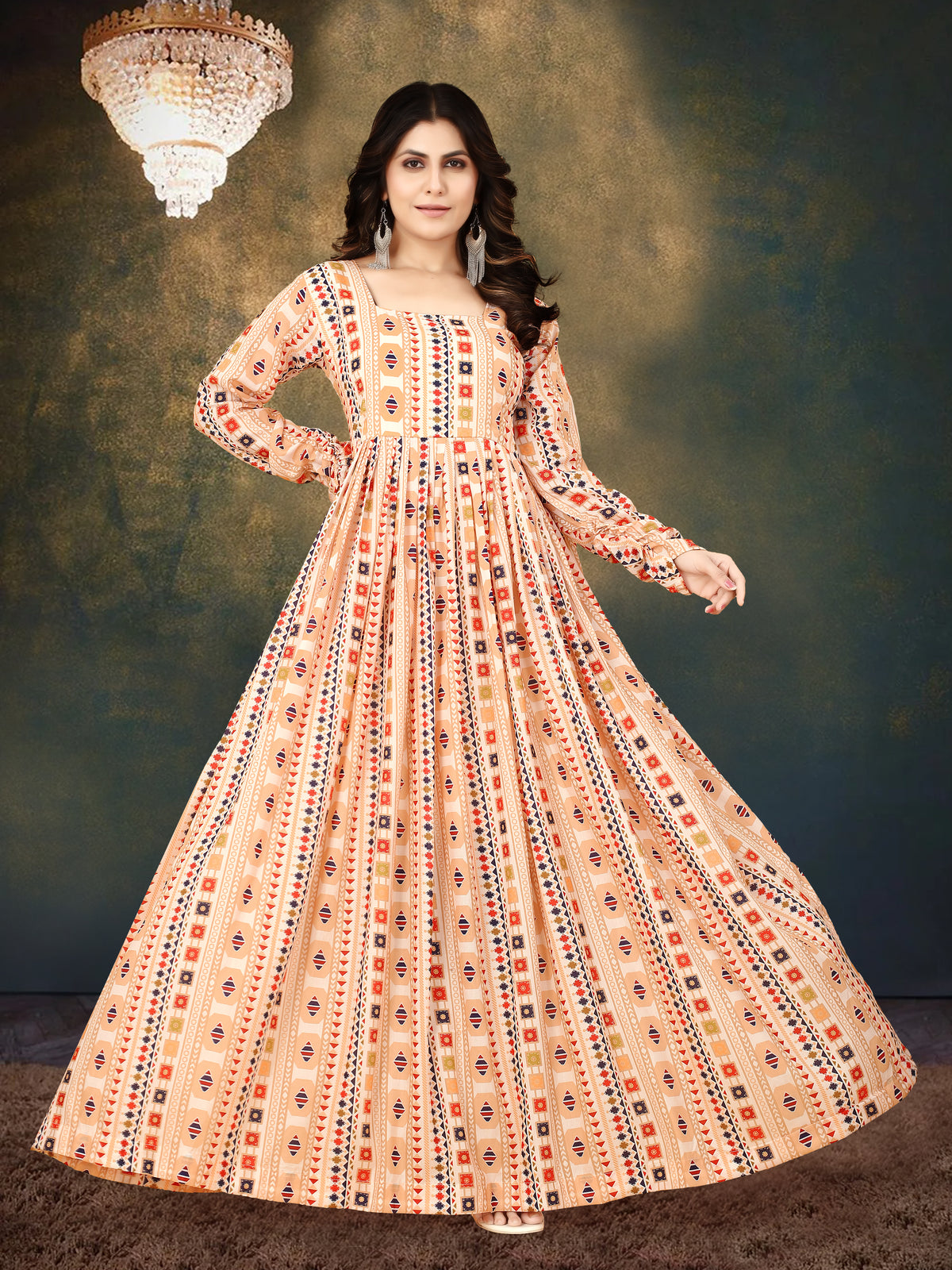 Cream Muslin Digital Print Gown with Full Round Flair ClothsVilla Main image