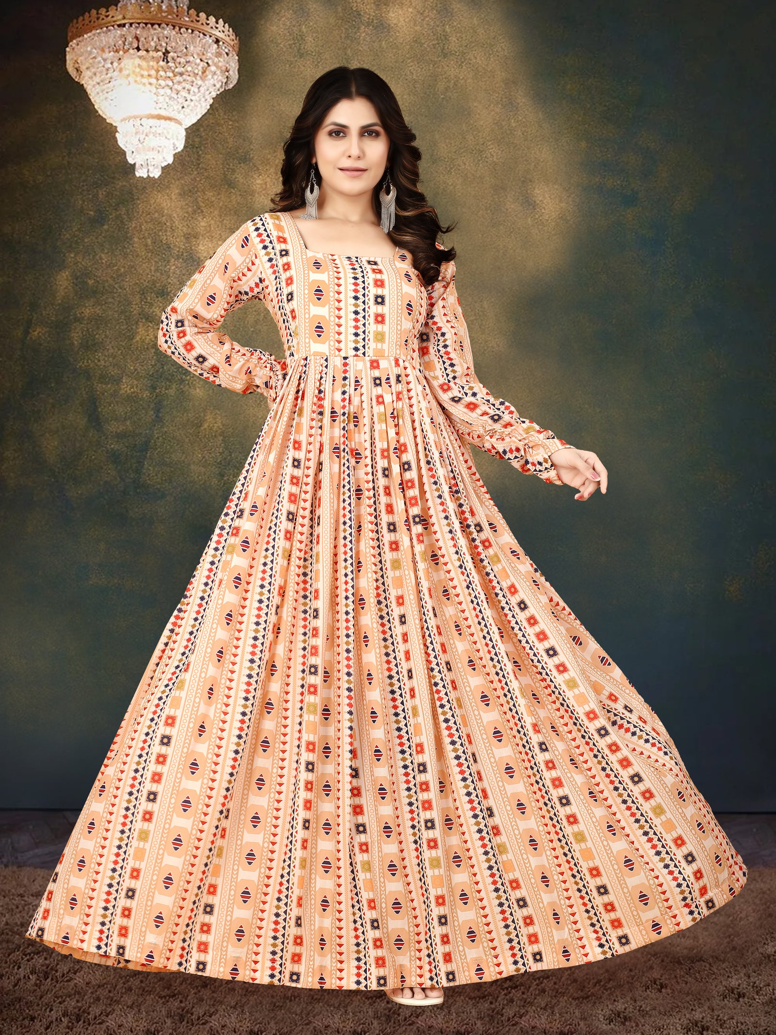 Cream Muslin Digital Print Gown with Full Round Flair ClothsVilla