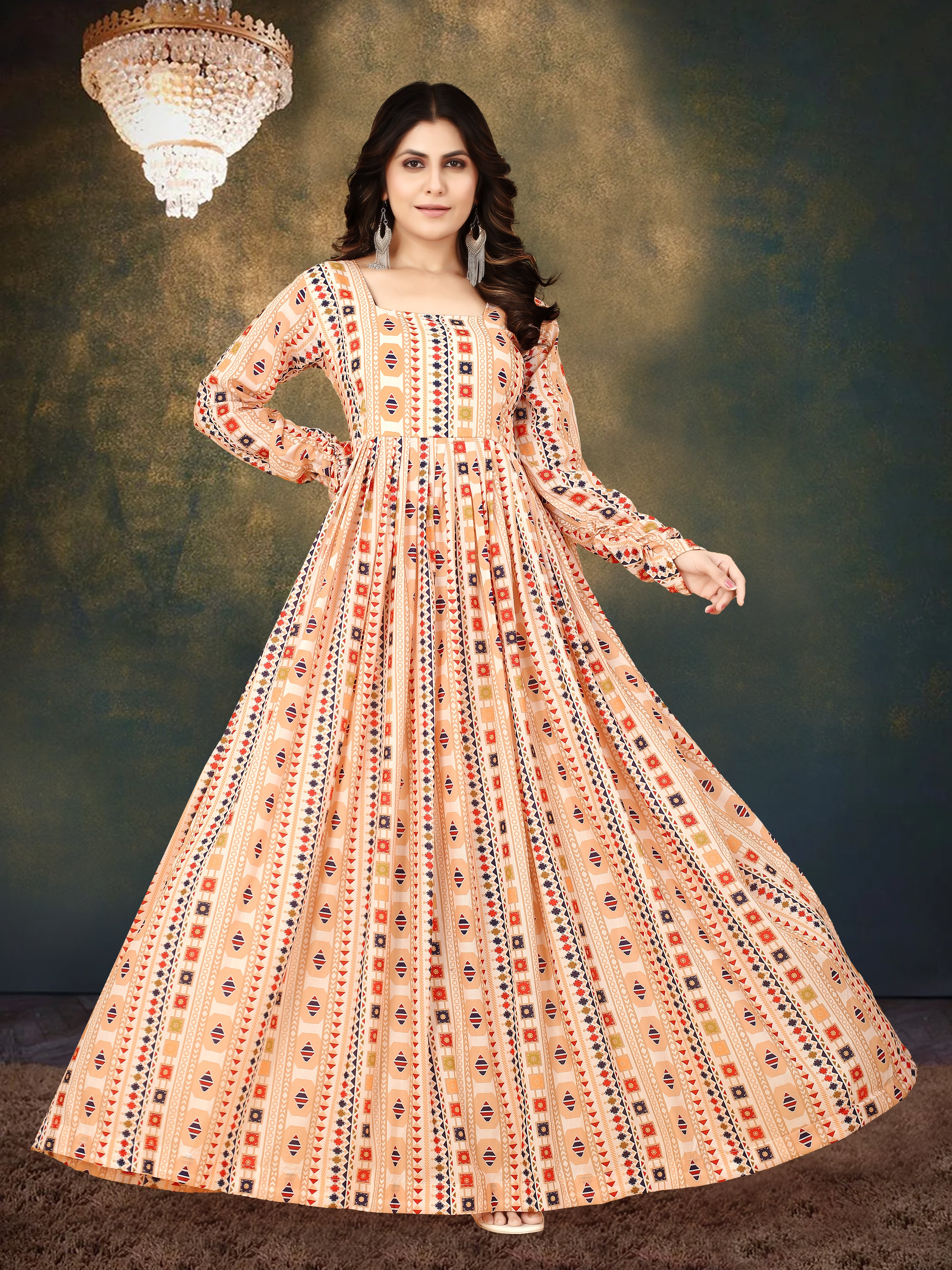 Cream Muslin Digital Print Gown with Full Round Flair ClothsVilla Main image
