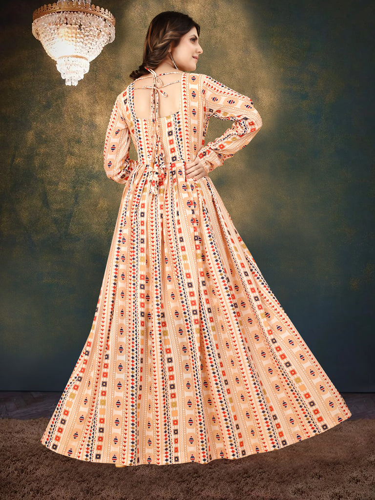 Cream Muslin Digital Print Gown with Full Round Flair ClothsVilla