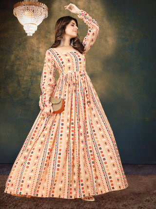 Cream Muslin Digital Print Gown with Full Round Flair ClothsVilla
