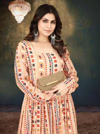 Cream Muslin Digital Print Gown with Full Round Flair ClothsVilla