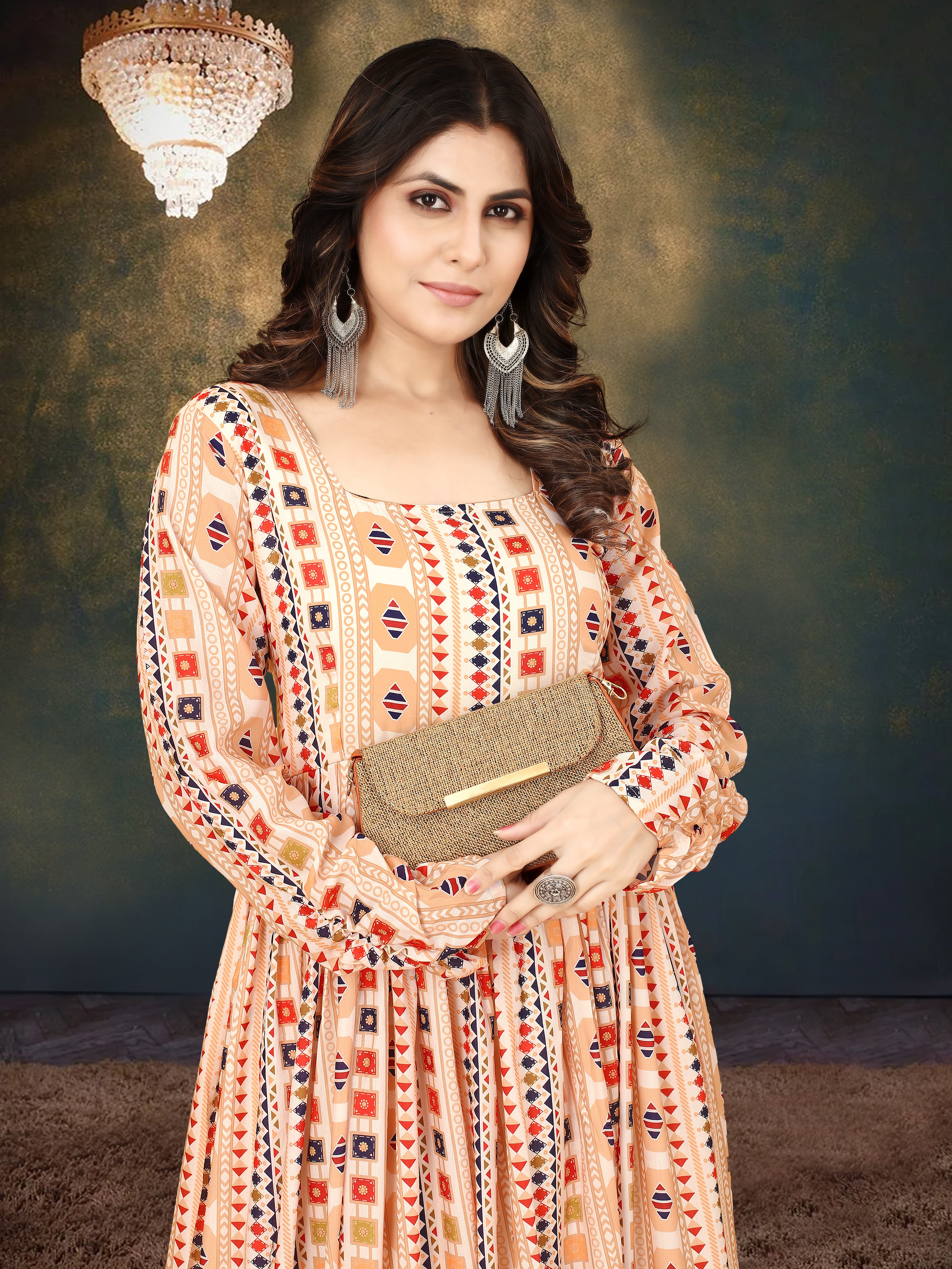 Cream Muslin Digital Print Gown with Full Round Flair ClothsVilla