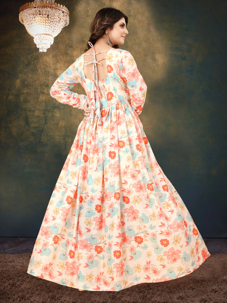 Cream Muslin Digital Print Gown with Full Round Flair ClothsVilla