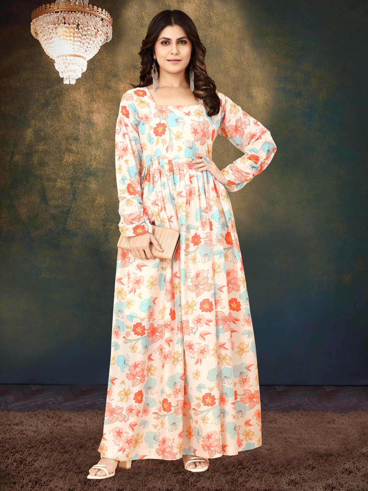 Cream Muslin Digital Print Gown with Full Round Flair ClothsVilla Main image