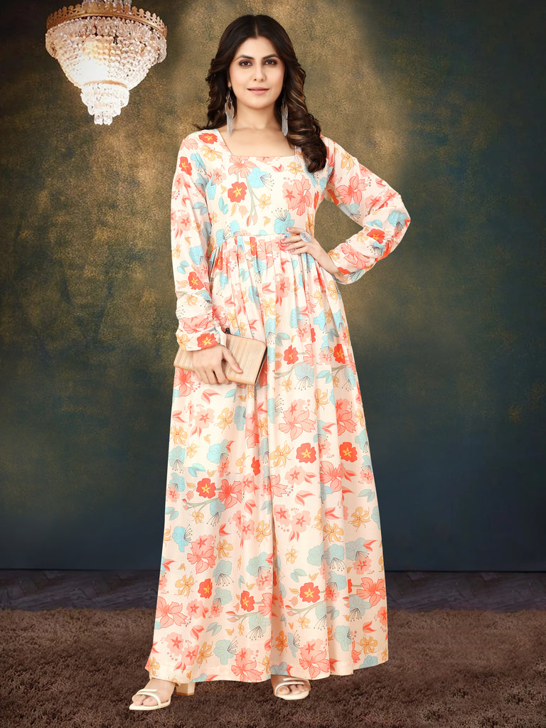 Cream Muslin Digital Print Gown with Full Round Flair ClothsVilla