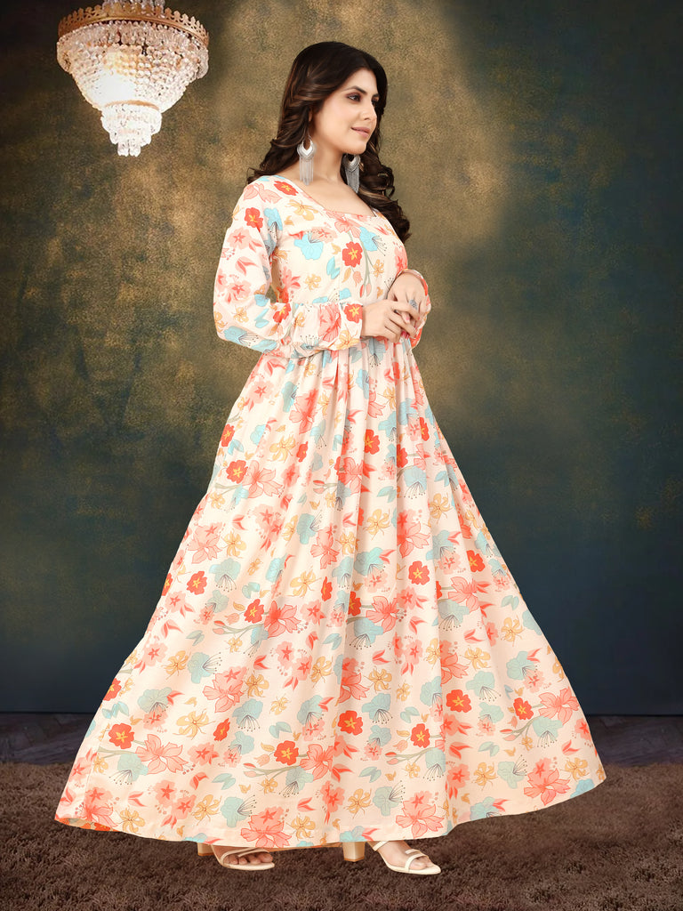 Cream Muslin Digital Print Gown with Full Round Flair ClothsVilla