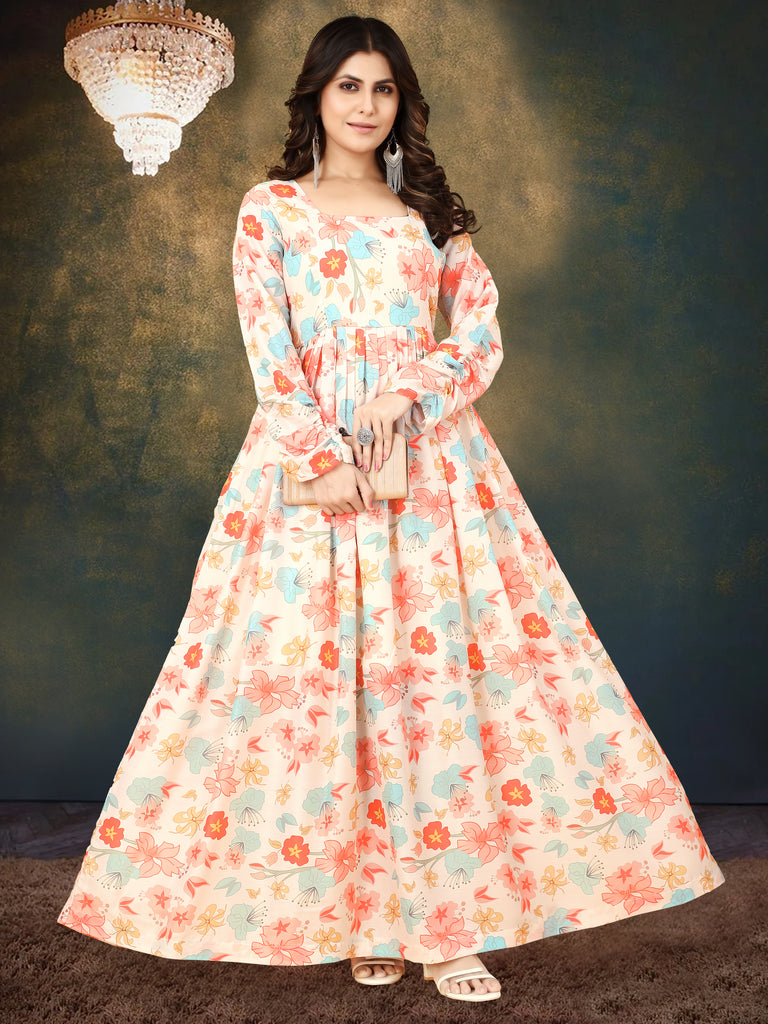 Cream Muslin Digital Print Gown with Full Round Flair ClothsVilla