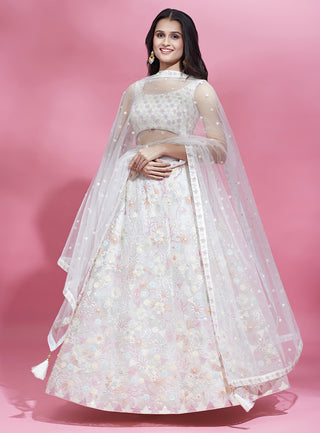 Cream Net heavy Sequinse embroidery Semi-Stitched Lehenga choli & Dupatta Clothsvilla