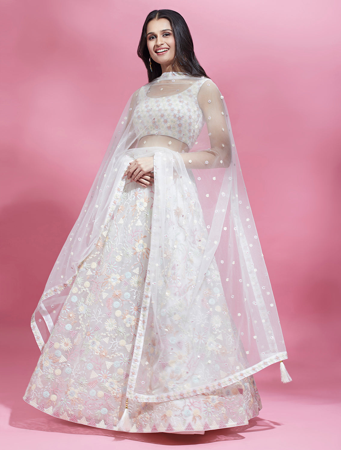 Cream Net heavy Sequinse embroidery Semi-Stitched Lehenga choli & Dupatta Clothsvilla