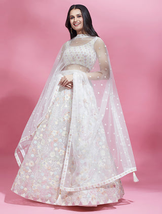 Cream Net heavy Sequinse embroidery Semi-Stitched Lehenga choli & Dupatta Clothsvilla