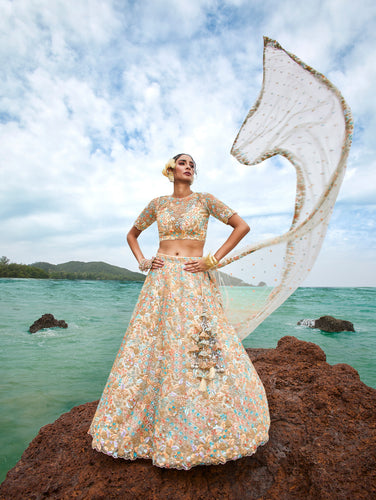 Cream Net Multi colour Sequins, Zarkans and thread embroidery Semi-Stitched Lehenga choli & Dupatta Clothsvilla