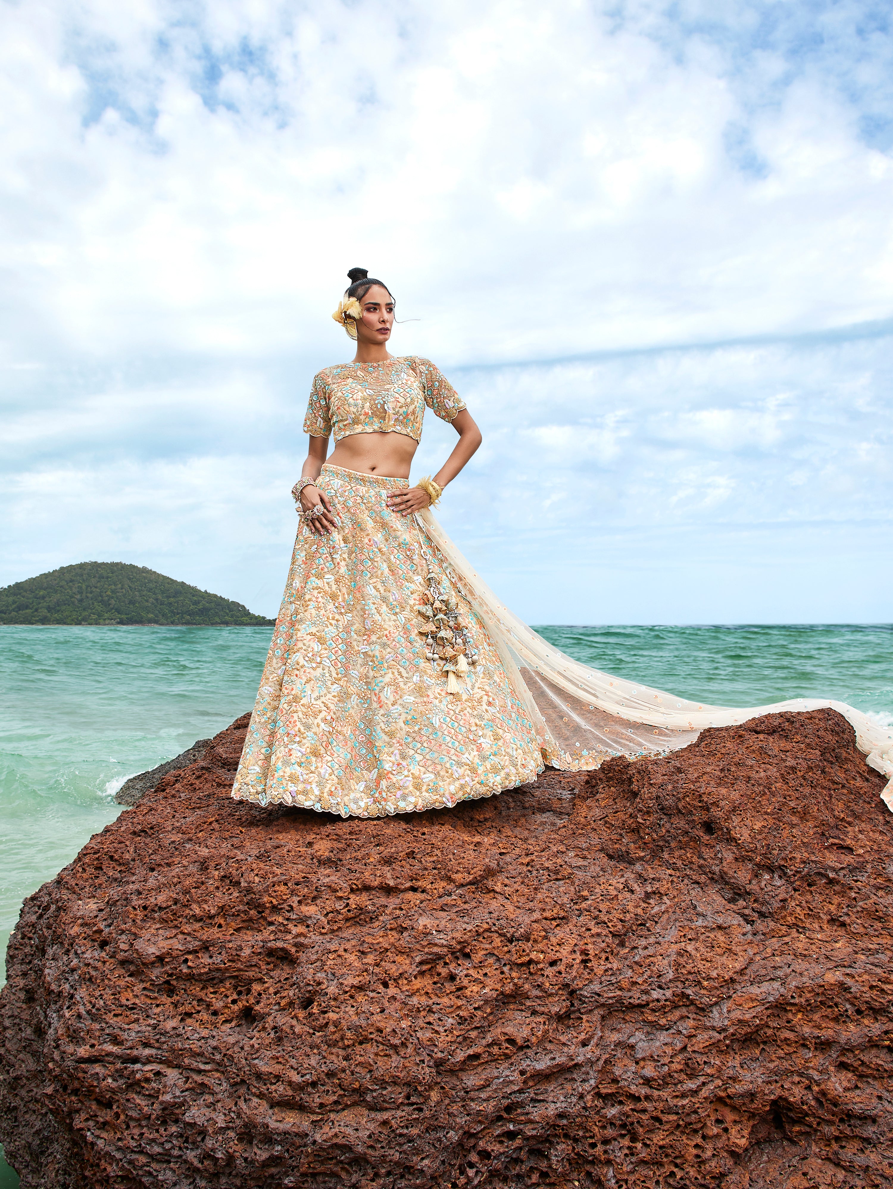 Cream Net Multi colour Sequins, Zarkans and thread embroidery Semi-Stitched Lehenga choli & Dupatta Clothsvilla