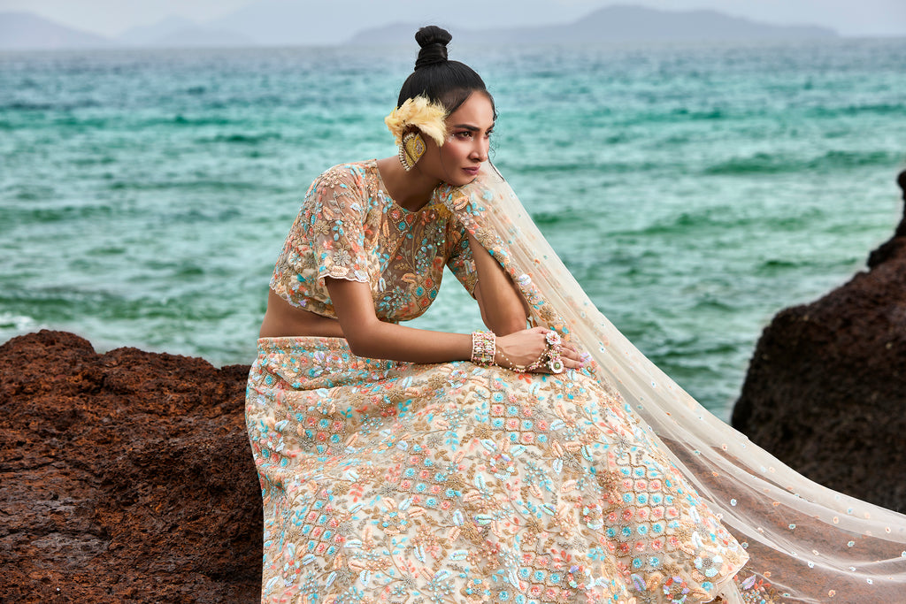 Cream Net Multi colour Sequins, Zarkans and thread embroidery Semi-Stitched Lehenga choli & Dupatta Clothsvilla