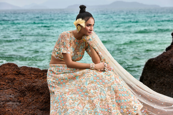 Cream Net Multi colour Sequins, Zarkans and thread embroidery Semi-Stitched Lehenga choli & Dupatta Clothsvilla