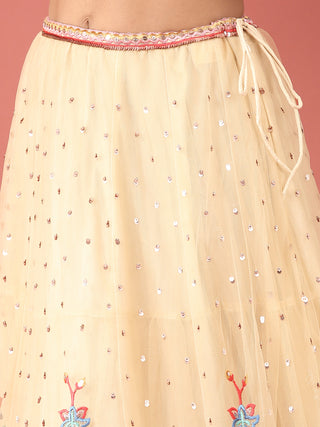 Cream Net Multi colour Thread & Sequinse Work Semi-Stitched Lehenga & Unstitched Blouse, Dupatta Clothsvilla