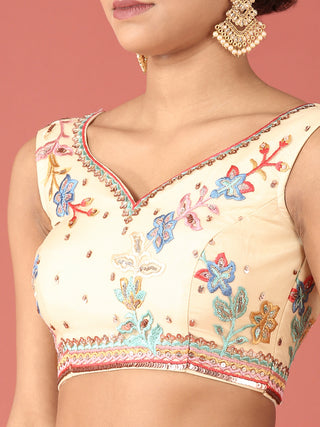 Cream Net Multi colour Thread & Sequinse Work Semi-Stitched Lehenga & Unstitched Blouse, Dupatta Clothsvilla