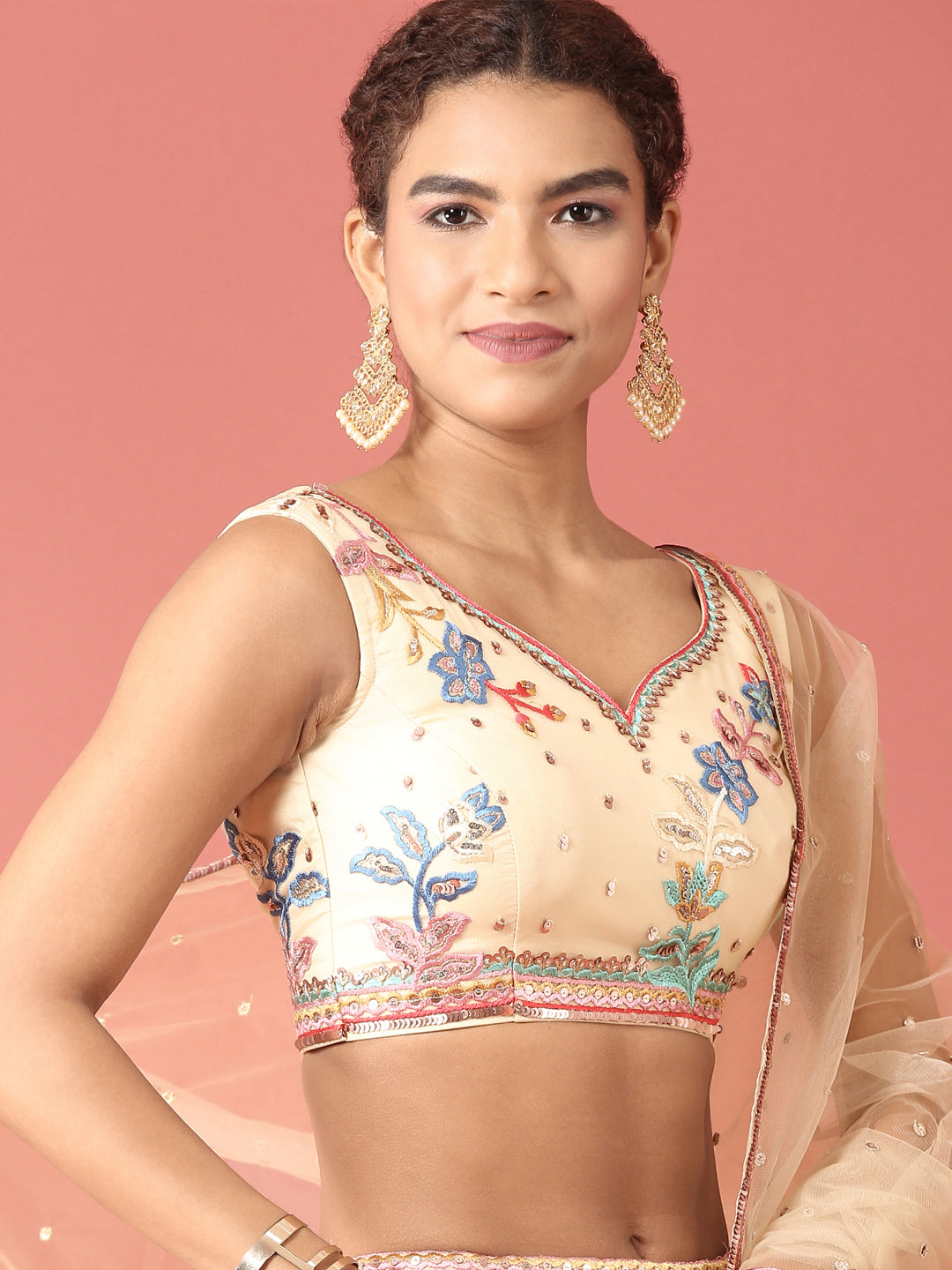 Cream Net Multi colour Thread & Sequinse Work Semi-Stitched Lehenga & Unstitched Blouse, Dupatta Clothsvilla
