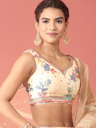 Cream Net Multi colour Thread & Sequinse Work Semi-Stitched Lehenga & Unstitched Blouse, Dupatta Clothsvilla