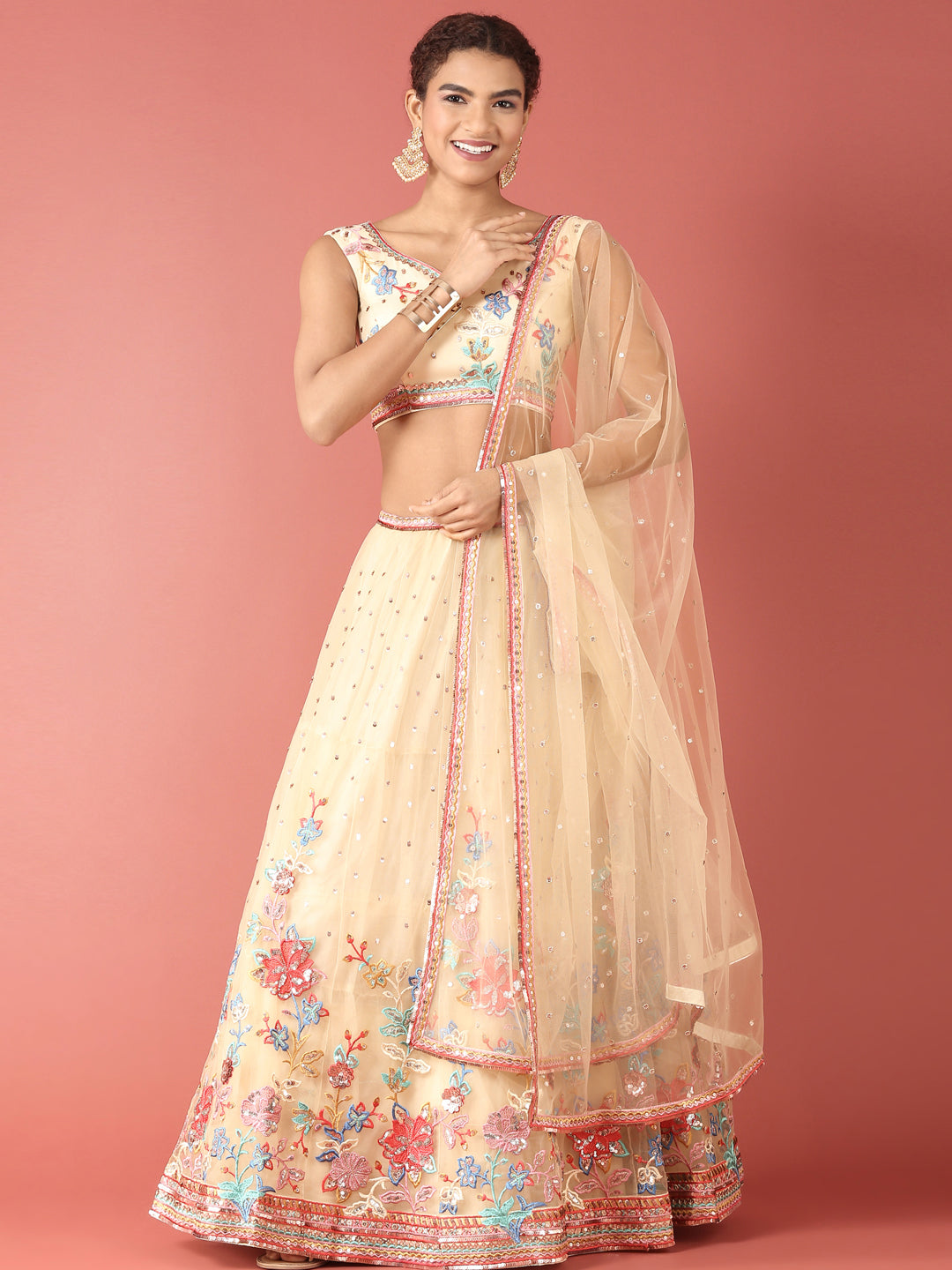 Cream Net Multi colour Thread & Sequinse Work Semi-Stitched Lehenga & Unstitched Blouse, Dupatta Clothsvilla