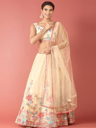 Cream Net Multi colour Thread & Sequinse Work Semi-Stitched Lehenga & Unstitched Blouse, Dupatta Clothsvilla