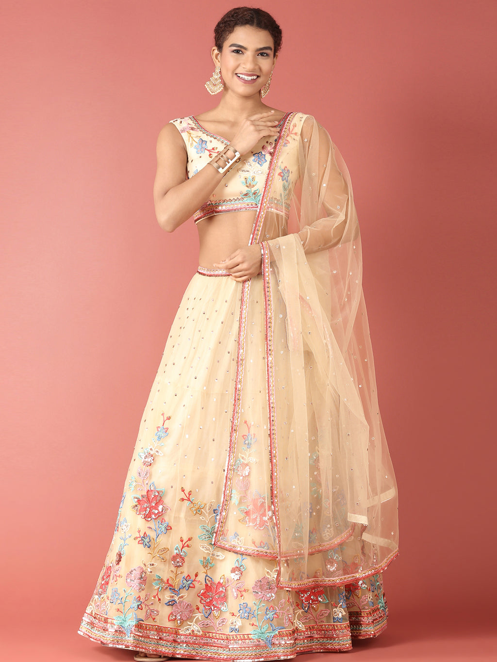Cream Net Multi colour Thread & Sequinse Work Semi-Stitched Lehenga & Unstitched Blouse, Dupatta Clothsvilla
