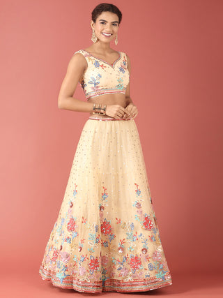 Cream Net Multi colour Thread & Sequinse Work Semi-Stitched Lehenga & Unstitched Blouse, Dupatta Clothsvilla