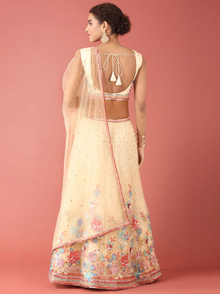 Cream Net Multi colour Thread & Sequinse Work Semi-Stitched Lehenga & Unstitched Blouse, Dupatta Clothsvilla