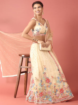 Cream Net Multi colour Thread & Sequinse Work Semi-Stitched Lehenga & Unstitched Blouse, Dupatta Clothsvilla