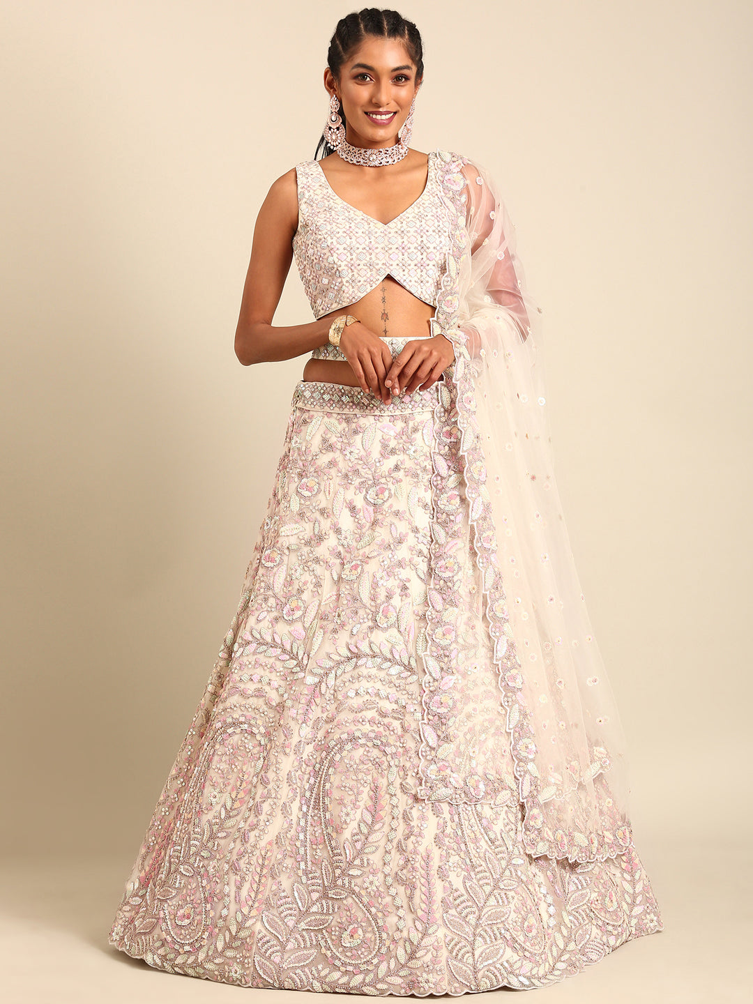 Cream Net Multi Sequins with heavy Zarkan embroidery Semi-Stitched Lehenga choli & Dupatta Clothsvilla