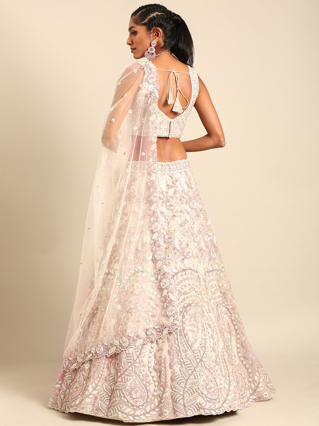 Cream Net Multi Sequins with heavy Zarkan embroidery Semi-Stitched Lehenga choli & Dupatta Clothsvilla