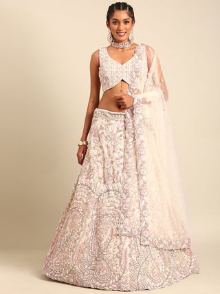 Cream Net Multi Sequins with heavy Zarkan embroidery Semi-Stitched Lehenga choli & Dupatta Clothsvilla