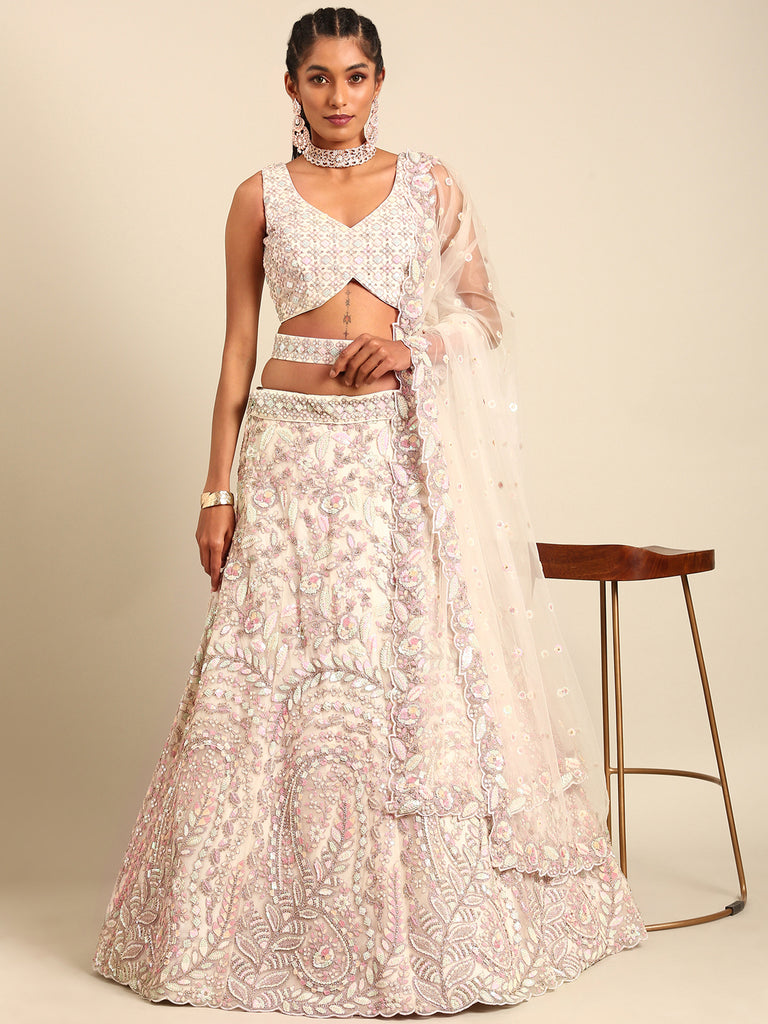 Cream Net Multi Sequins with heavy Zarkan embroidery Semi-Stitched Lehenga choli & Dupatta Clothsvilla